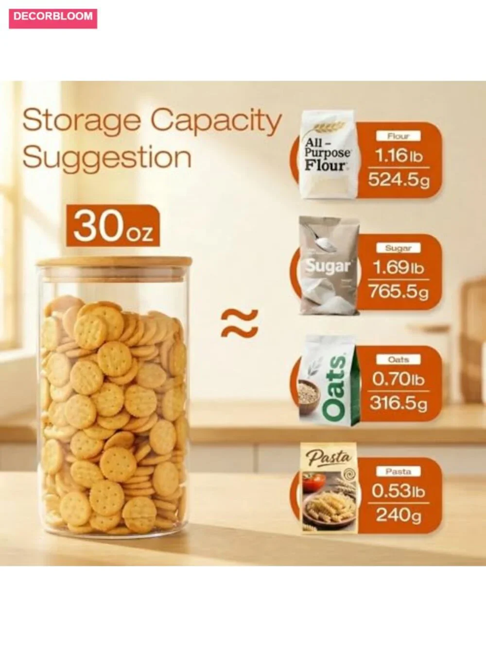 Set of 8 Glass Jars with Bamboo Lids, 28 floz Airtight Food Storage Canisters